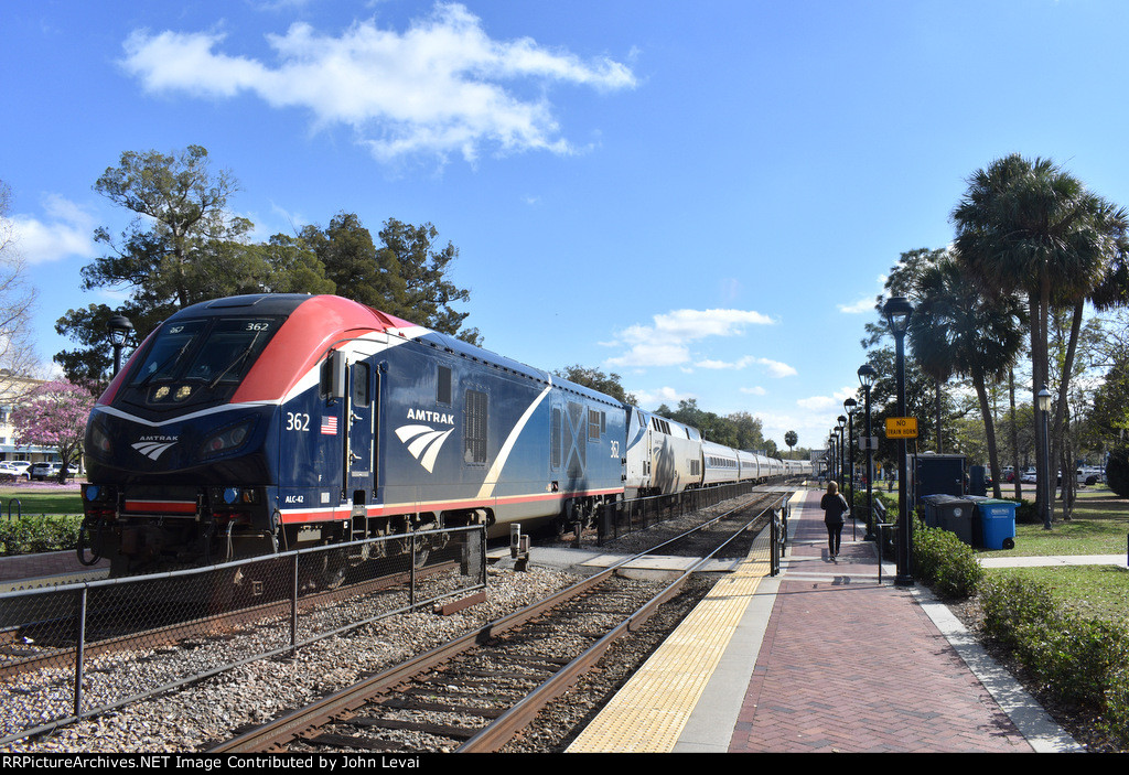 Amtrak Silver Meteor Train # 98 about to make the Winter Park Station Stop a little over an hour and a half tardy-ALC-42 # 362 and P42DC # 190 are the locomotives for this train